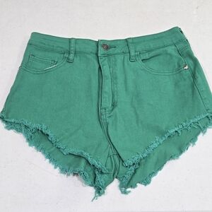 Fashion Nova Green High-Rise Frayed Denim Shorts